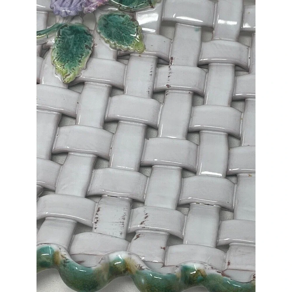 Vtg Italian Majolica Weave‎ Ceramic Decorative Tray Floral